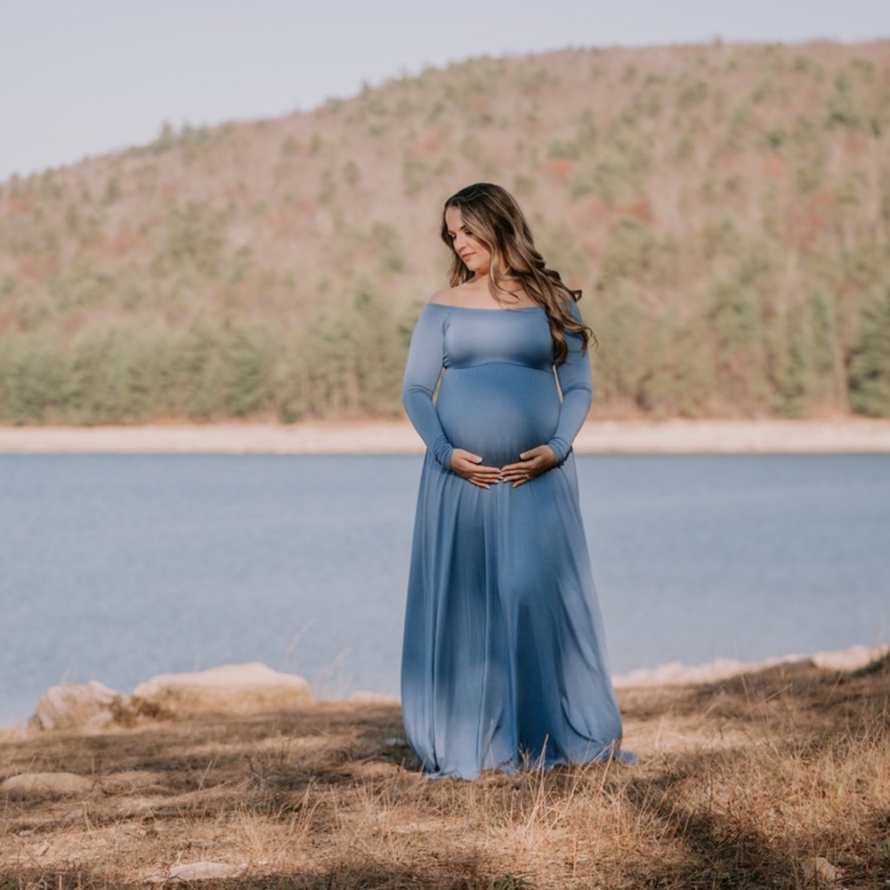 PinkBlush Blue Solid Off Shoulder Maternity Maxi Dress